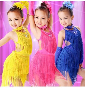 Yellow gold hot pink fuchsia royal blue fringes rhinestones  fringes backless girls kids children spandex performance competition performance latin ballroom outfits dresses costumes